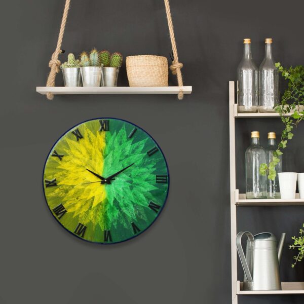 Exquisite Wooden Handmade Wall Clock Green With Yellow And Goldan Printed Acrylic Wall Clock for Home & Office Decorative Big Size Clock (16 Inch) - Image 4
