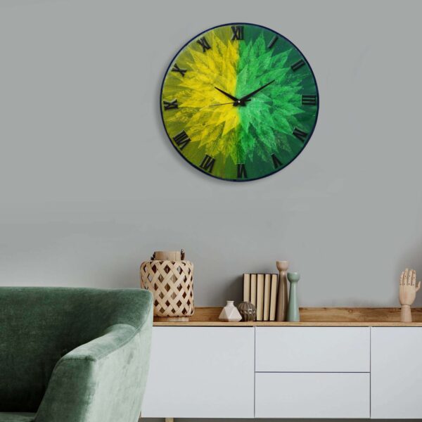 Exquisite Wooden Handmade Wall Clock Green With Yellow And Goldan Printed Acrylic Wall Clock for Home & Office Decorative Big Size Clock (16 Inch) - Image 2