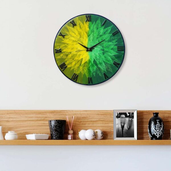 Exquisite Wooden Handmade Wall Clock Green With Yellow And Goldan Printed Acrylic Wall Clock for Home & Office Decorative Big Size Clock (16 Inch) - Image 3